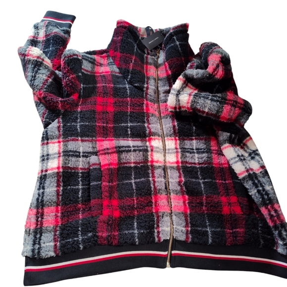 Tommy Hilfiger plaid zip up Hooded Sherpa Fleece Jacket Traditional Sky Captain - Picture 2 of 2
